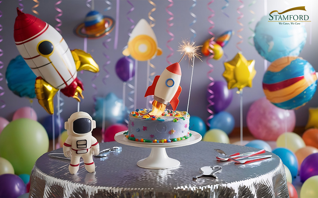 Space-themed birthday party food and decorations.