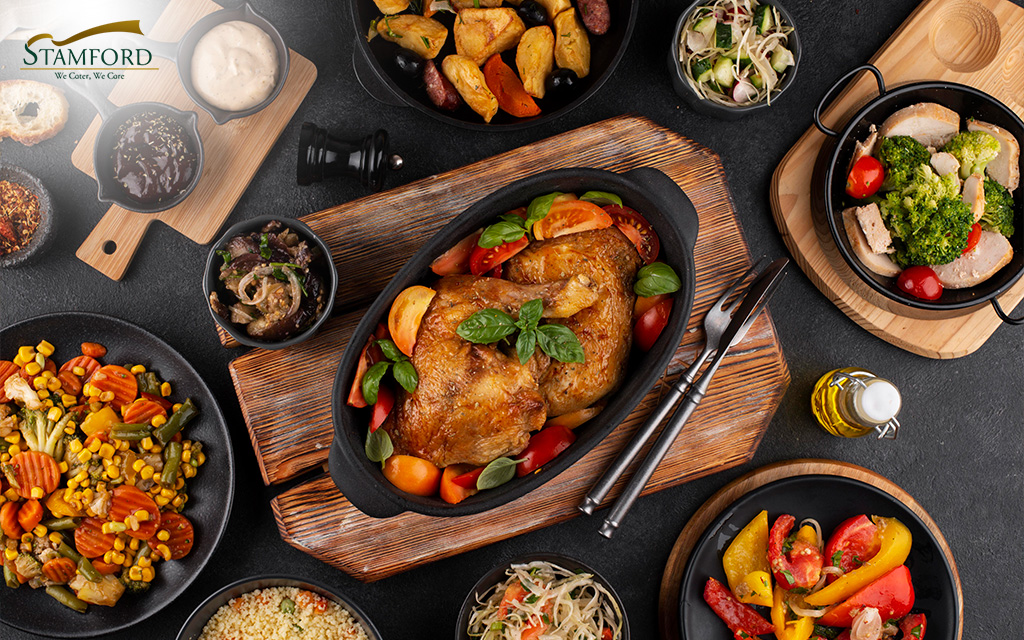 Variety of catered dishes for a corporate lunch.