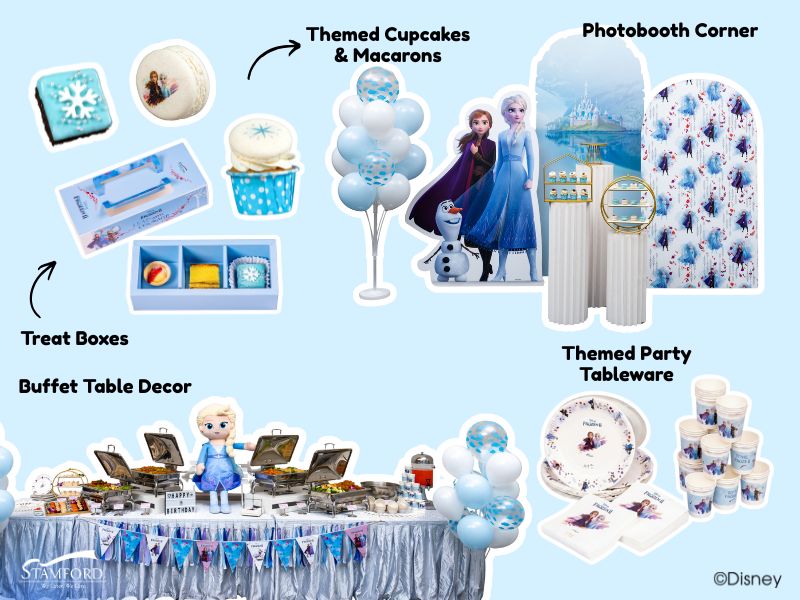 Elsa’s Ice Palace Party themed children birthday catering buffet decor