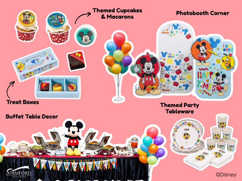 Mickey’s Colourful Bash themed buffet table setup and custom backdrop styling