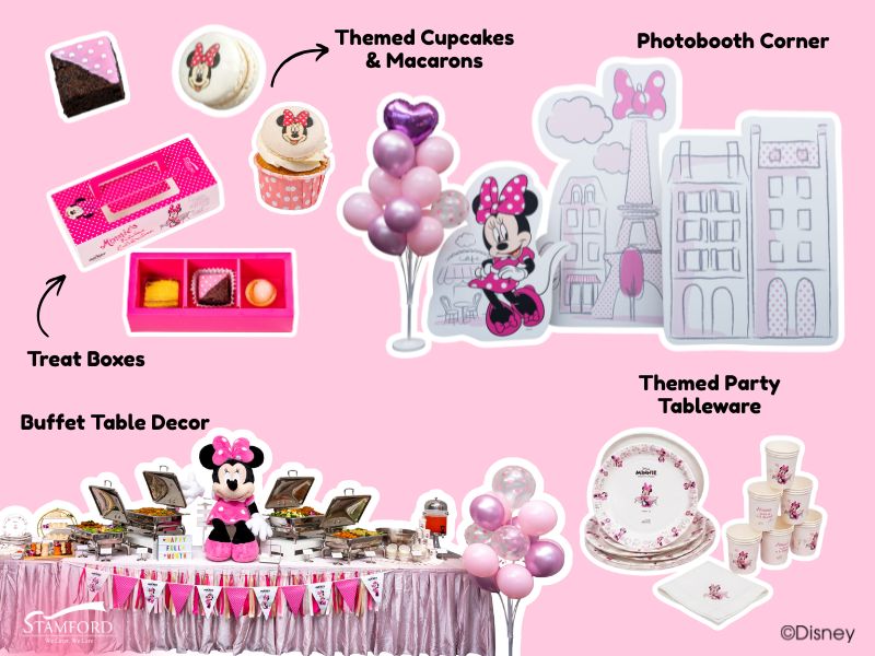 Minnie’s Fabulous Celebration photo booth corner and elegant dessert pedestals decoration