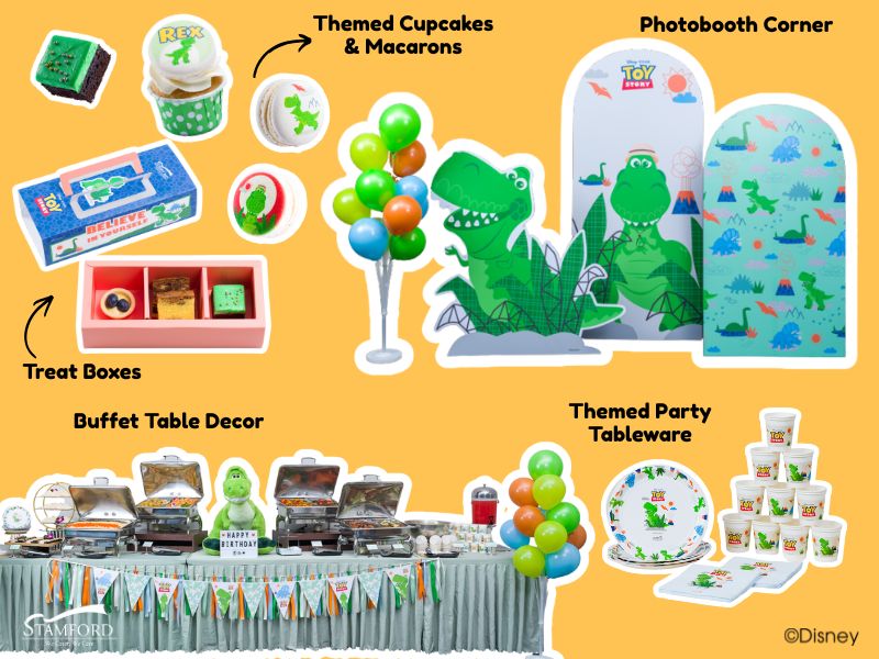 Rex’s Rawrsome Adventure themed kids party buffet table decoration with display plush toys